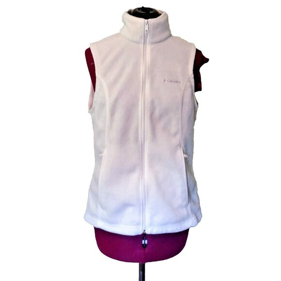 Columbia Full Zip Vest White Womens Size Medium Zip Pockets Fleece Logo - Picture 1 of 6